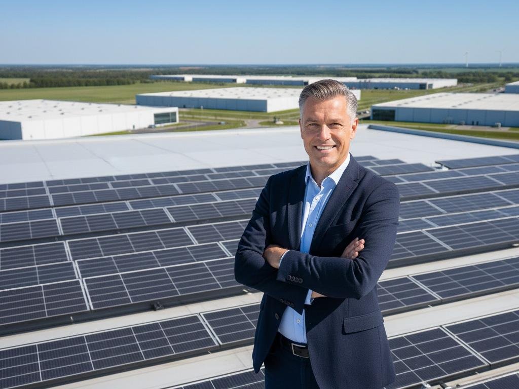 Uomo sul tetto di un capannone industriale coperto da pannelli fotovoltaici, in una zona industriale